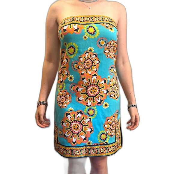 TRINA TURK Blue Floral 100% Silk Strapless Mini Dress Women's Size Small - Picture 1 of 8
